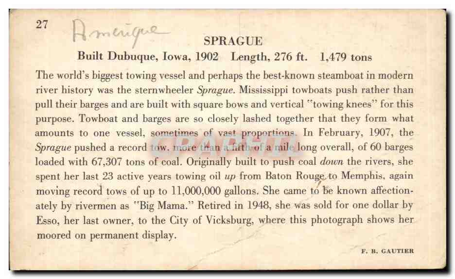 Sprague — sternwheel tugboat — F. B. Gautier, n°27 — Verso