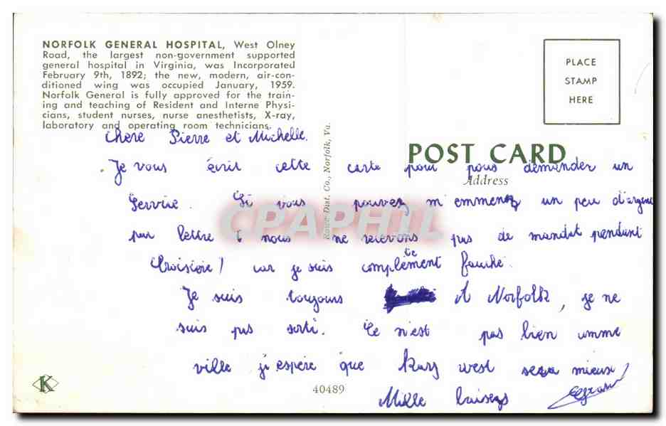 CPA Norfolk General Hospitial West Olney Road the largest  — Rückseite