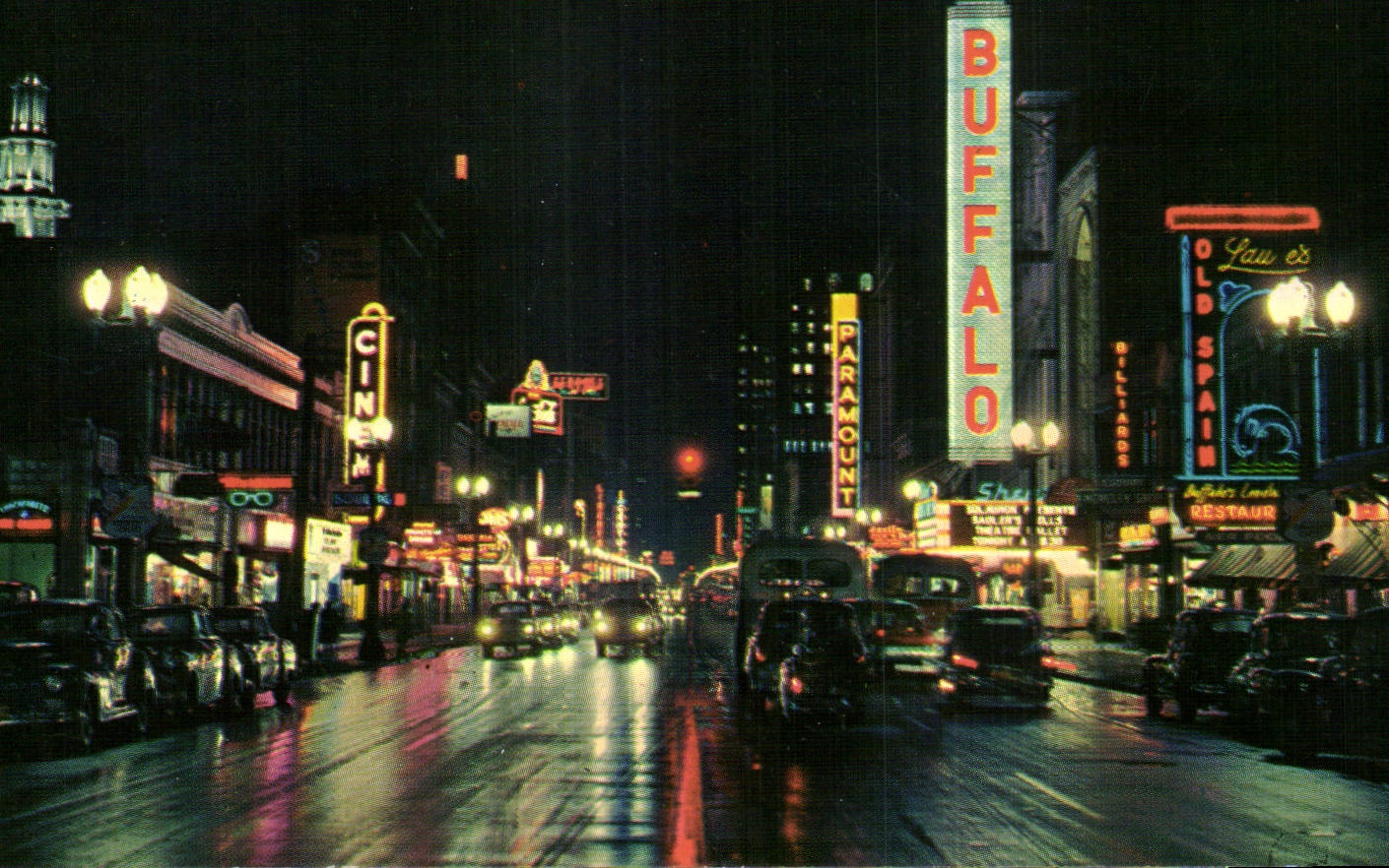 CPA Buffalo After Dark Looking South on Main Street Lighted 