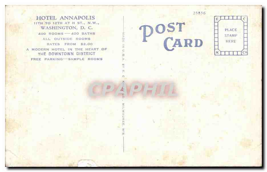 CPA Hotel Annapolis IIth to Washington  — Rückseite