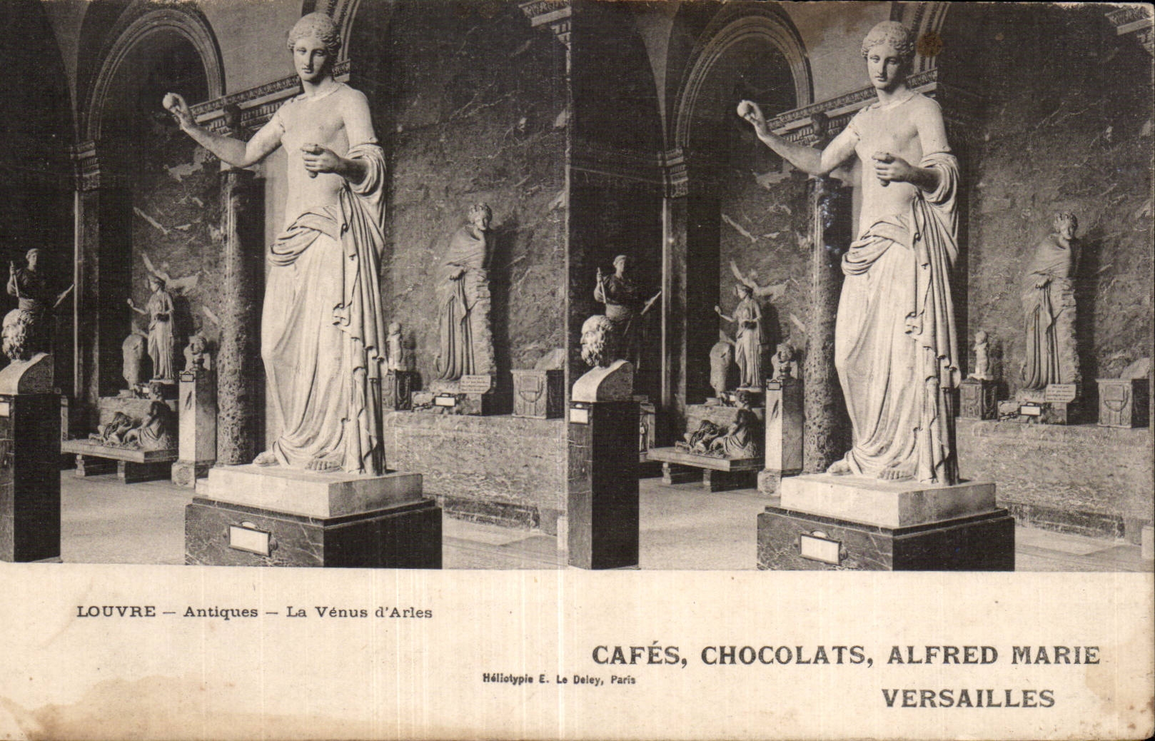 Carte Stereoscopique - Louvre - Antiques - La Venus d Arles - Cafe - Chocolates - Alfred Marie Versailles - CPA 