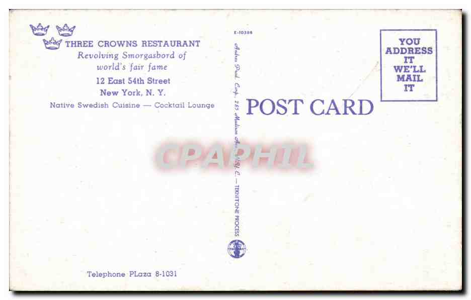 Etats Unis - USA - New York City - Three Crowns Restaurant - 12 East 54th Street - Native Swedish Cuisine - CPA  — Rückseite