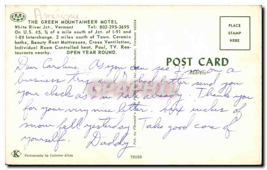 CPA The Green Mountaineer Montel white River Jct Vermont — Back