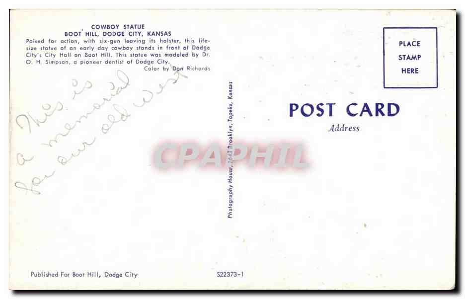 CPA Cowboy Statue Boot Hill Dodge City Kansas — Back