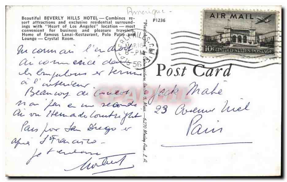 CPA Beautiful Beverly Hills Hotel — Rückseite