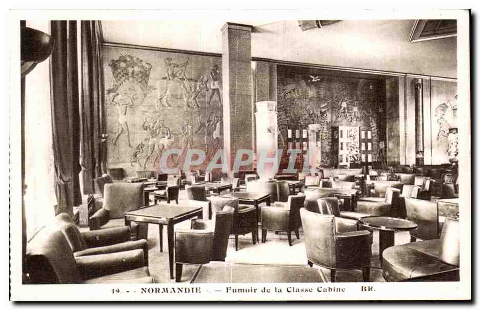 Fumoir de la Classe Cabine — Normandie — Bloc lith. éditions Bordeaux
