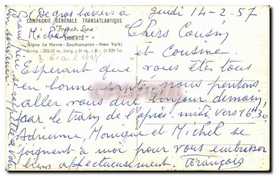 CPA Bateau Paquebot Liberte Ligne Le Havre Southampton New York  — Rückseite