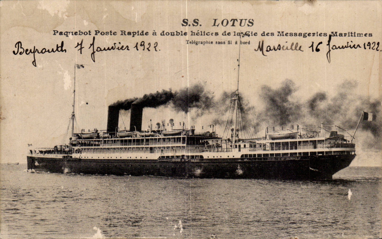S.S. LOTUS — Paquebot Poste Rapide à double hélices de la Compagnie des Messageries Maritimes — Marseille 16 janvier 1922