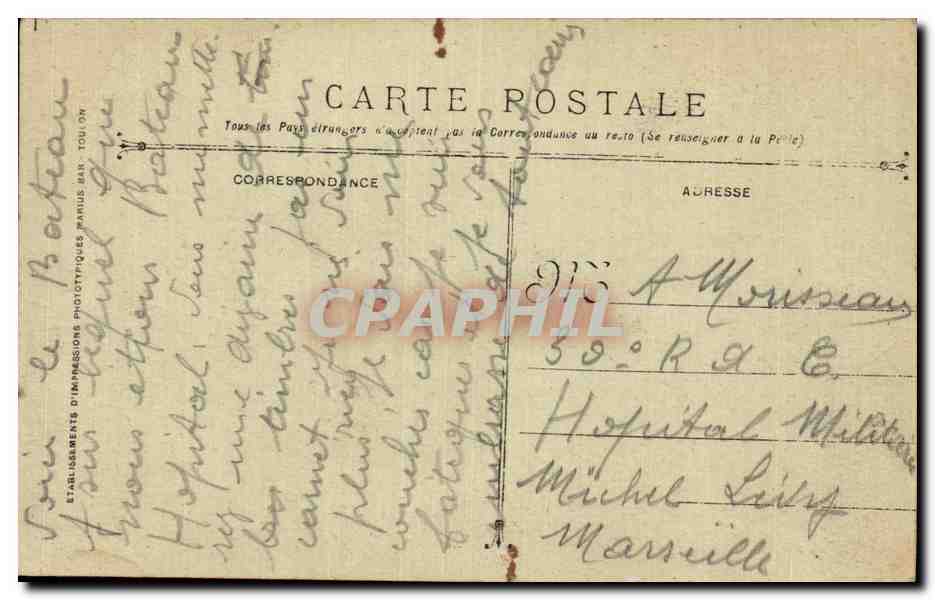 CPA Bateau Bien Hoa Transport de 1re Classe Beyrouth Marseille 1921 — Verso