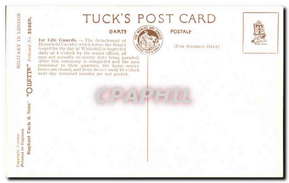 CPA 1st Life Guards Horse guards Militaria London  — Rückseite