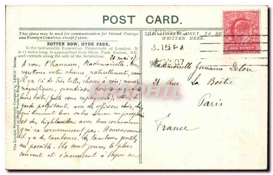 CPA London Rotten Row Cheval Horse Hippisme  — Rückseite