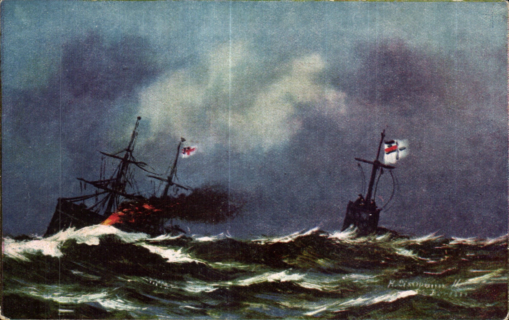Bataille navale — deux navires en feu dans des vagues — H. Stewman, 1914