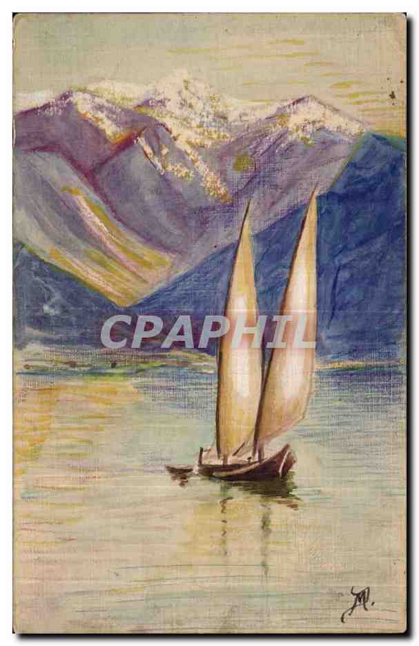 Sailing boat on lake — snow-capped mountains — unknown publisher, serial number not visible