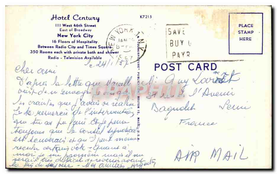 CPA THote Century 16th Street at 6th Avenue New York City — Rückseite