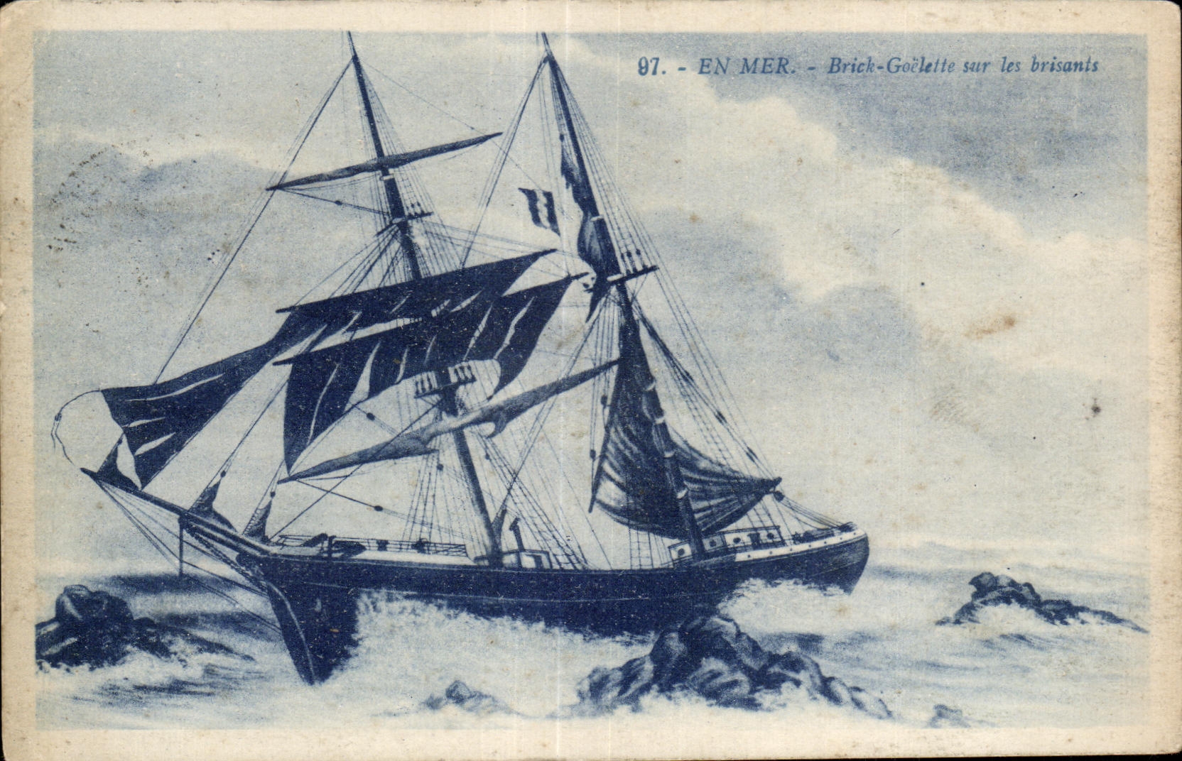 CPA Bateaux En mer Brick Goelette sue les brisants