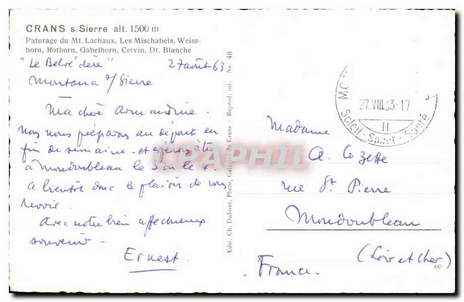 Crans-Sierre — Paturage du Mt. Lachaux, Les Mischabels — Ch. Dubout, Crans, No. 48 — Back