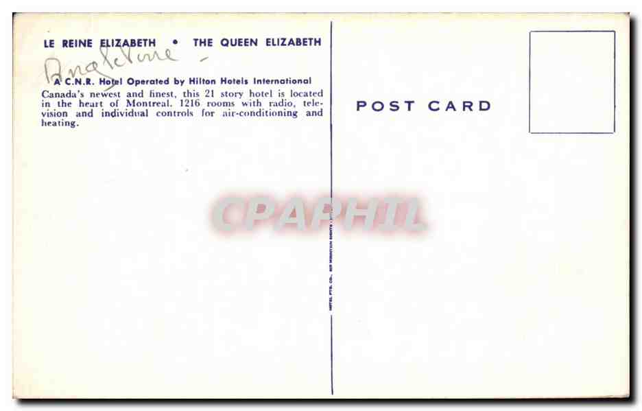 CPA Le Reine Elizabeth The Queen Elizabeth Hilton hotel Canada Montreal — Verso