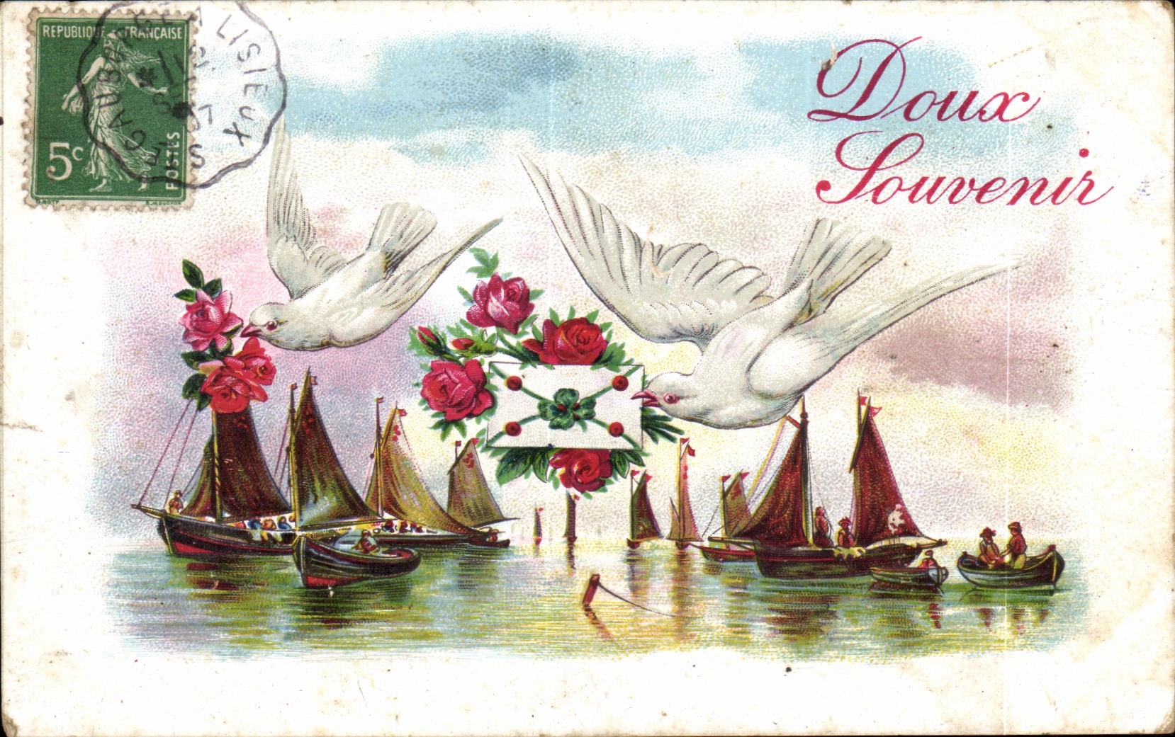 CPA Fantaisie Doux Souvernir Bateau Colombe 