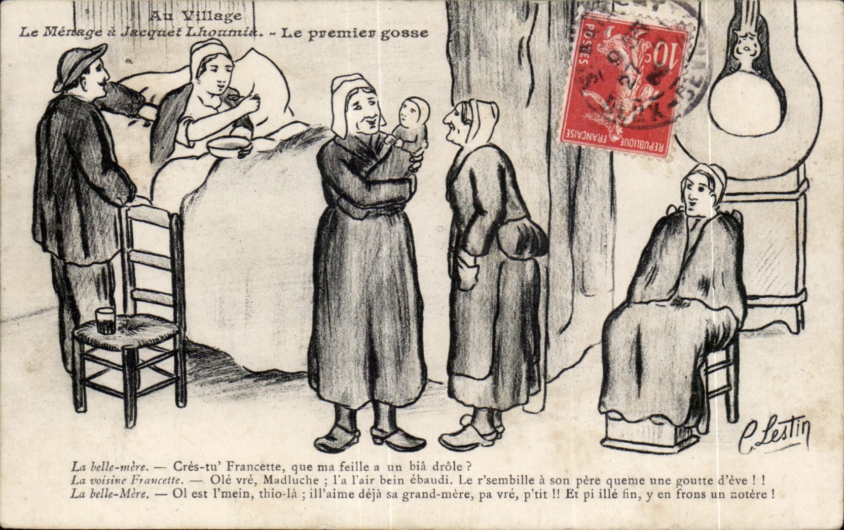CPA Au Village Le Menage a Jacqaet Lhoumia Le Premier Gosse Humour Illustrateur Lestin 
