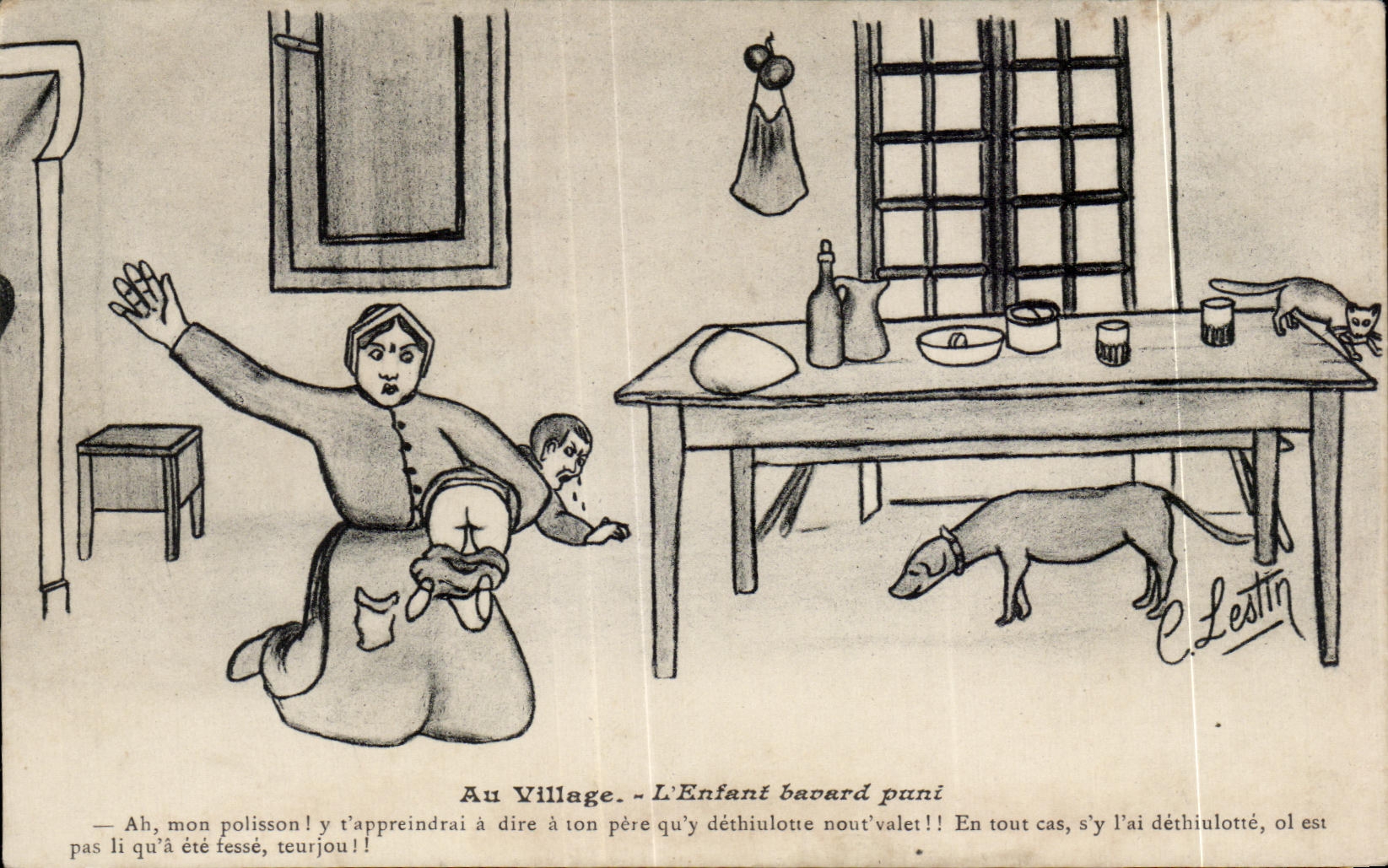 CPA Au Village L Enfant Bavard Puni Humour Illustrateur Lestin 