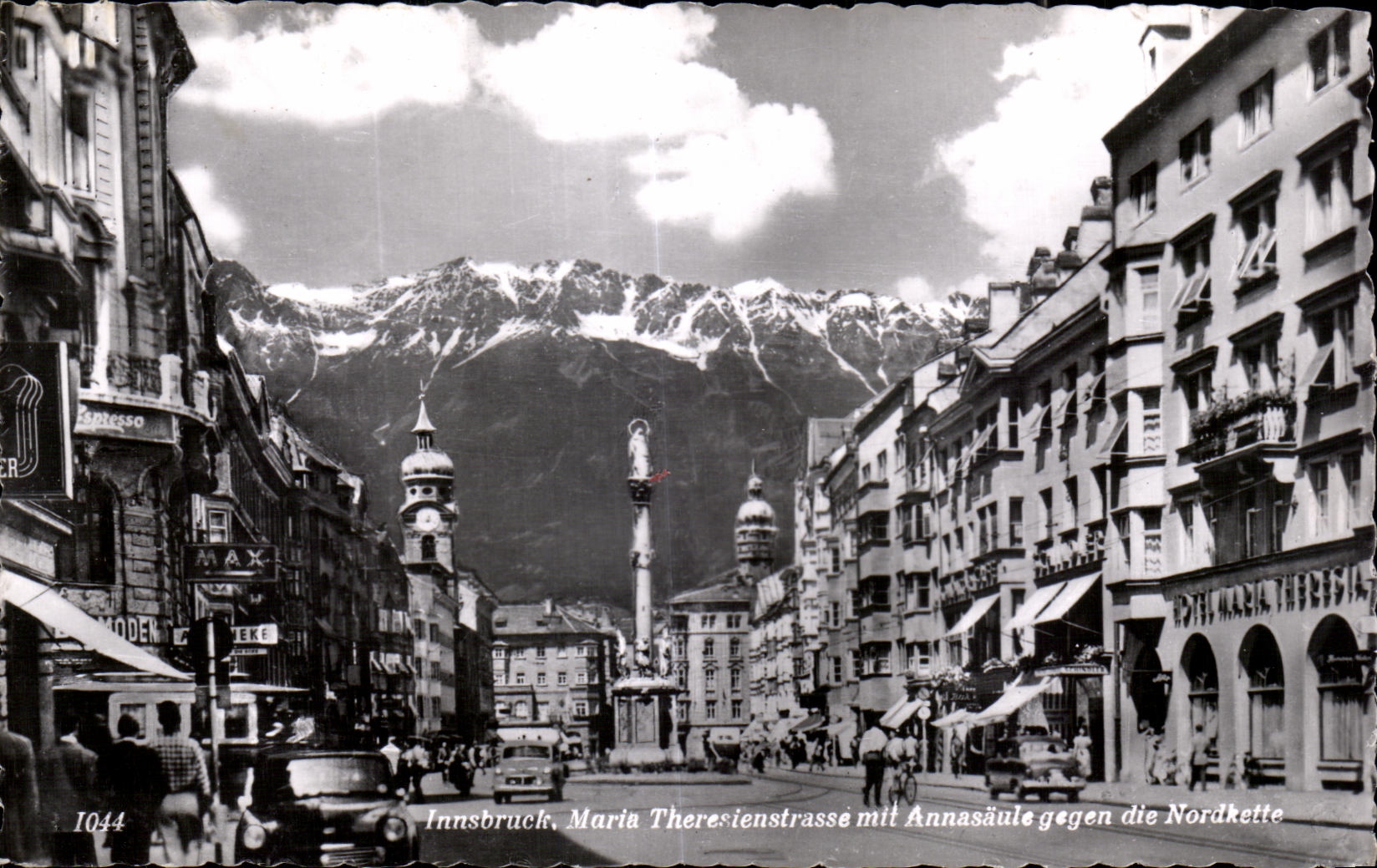 CPA Innsbruck Maria Theresienstrasse mit Annasaule gegen due Nordkette