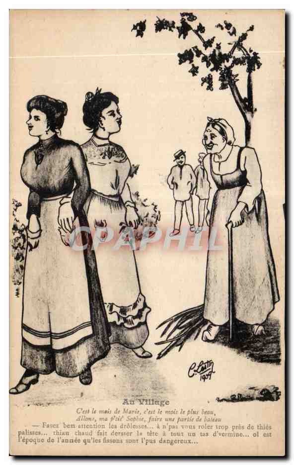 Au Village — scène de village avec trois femmes et un enfant — dessin de C. Lattin 1907