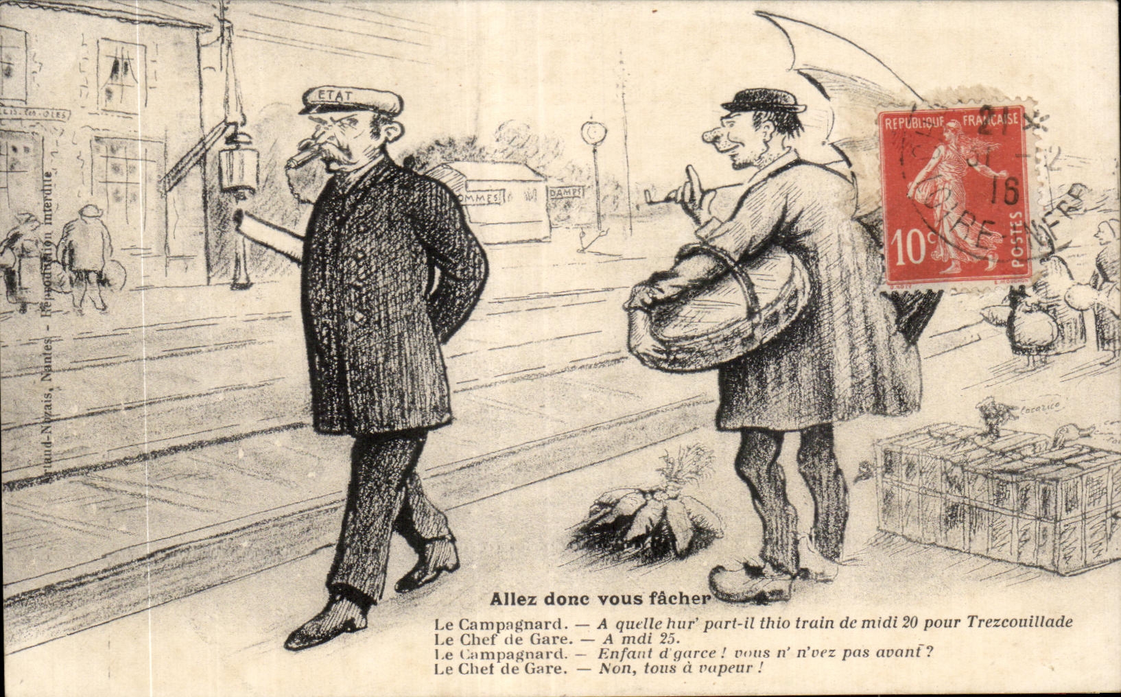 Antike Ansichtskarte — Der Landmann und der Bahnhofsvorsteher — Verlag: Arnaud-Néaûs, Nantes