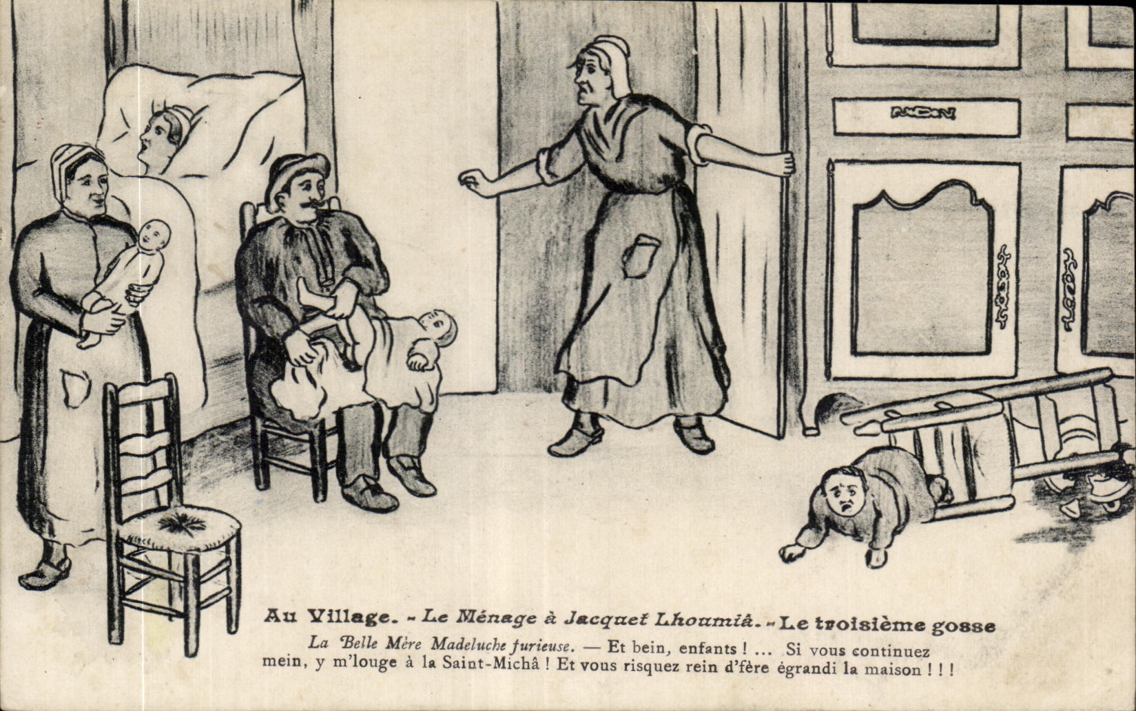 CPA Au Village Le Menage a Jacquet Lhoumie Le troisieme gosse Illustrateur Folklore costume