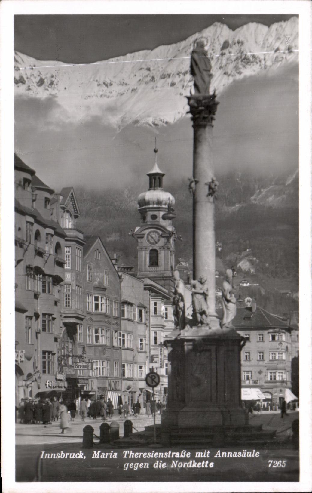 Innsbruck, Maria Theresienstraße mit Annasäule — vue sur les Alpes — éditeur Echic Fotografie, n° 7265