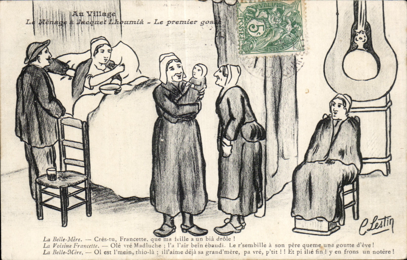 CPA Au Village Le Mariage jacquet Lhoumia Le premier gosse Folklore Illustrateur Lestin 