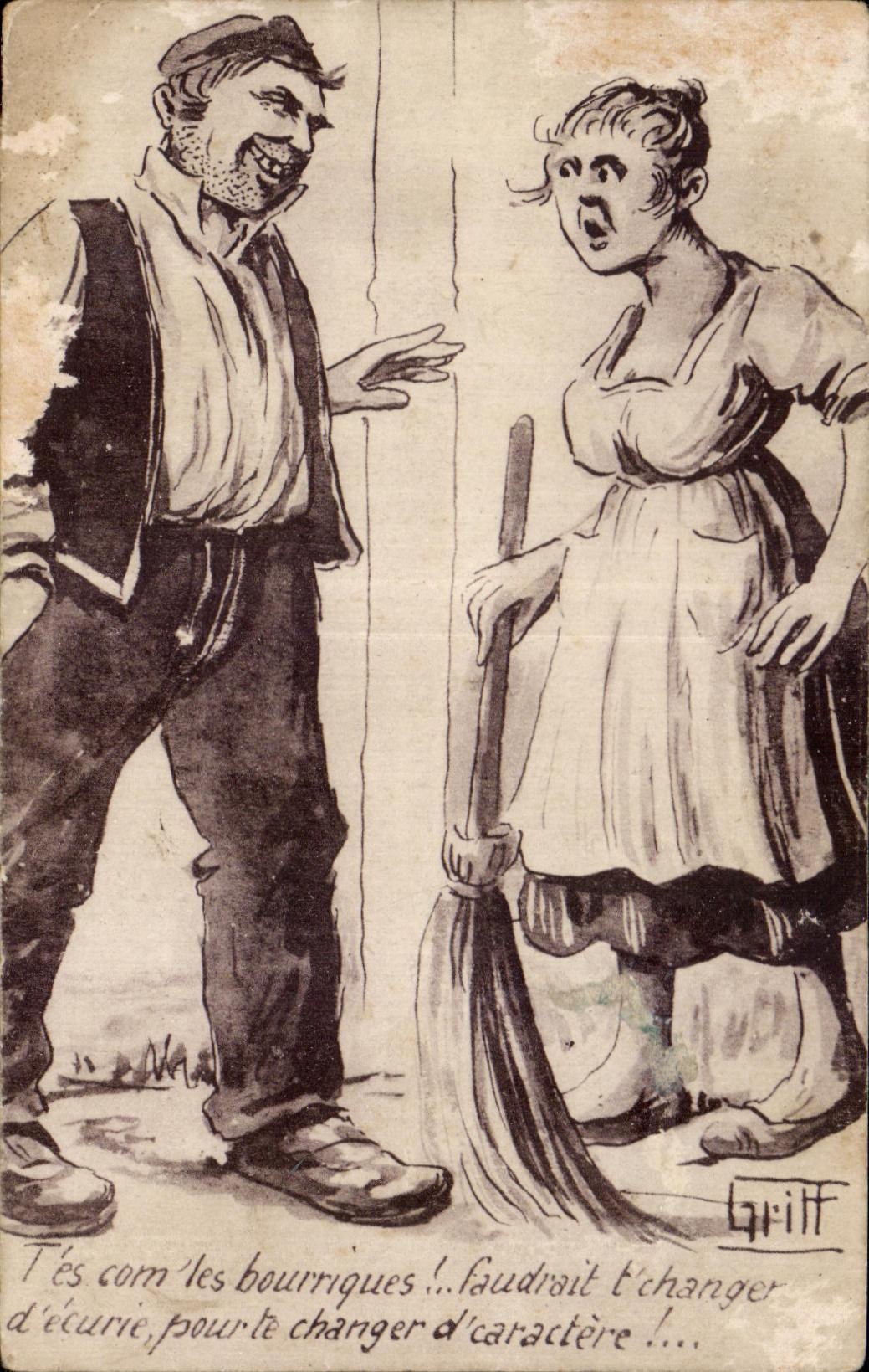 CPA Tes com les bourriques faudrait t changer d ecurie pour le changer d caractere Folklore Costume Illustrateur
