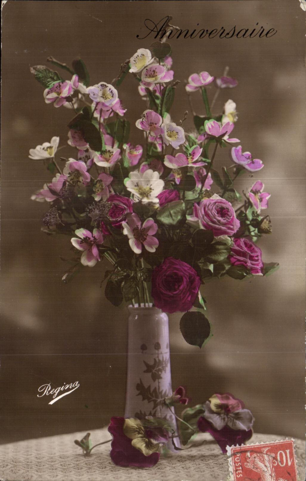 CPA Fantaisie Fleurs Anniversaire