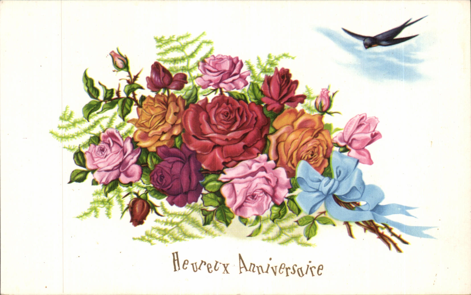 CPA Fantaisie Fleurs Anniversaire Hirondelle 