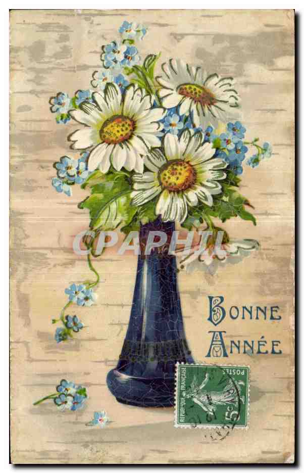 Bouquet de marguerites et de myosotis — Bonne Année — éditeur non visible