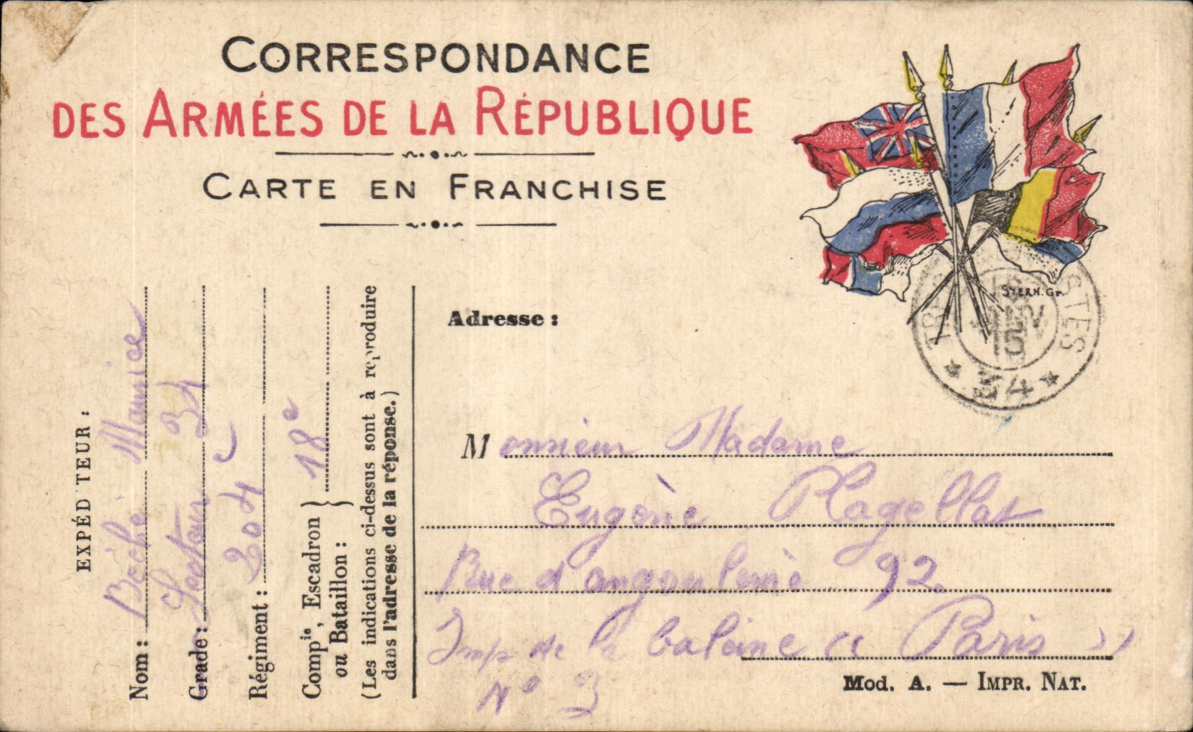 CPA Carte de Franchise Militaire Plagellot PAris 