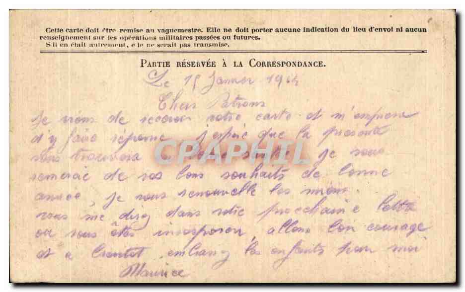 CPA Carte de Franchise Militaire Plagellot PAris  — Rückseite