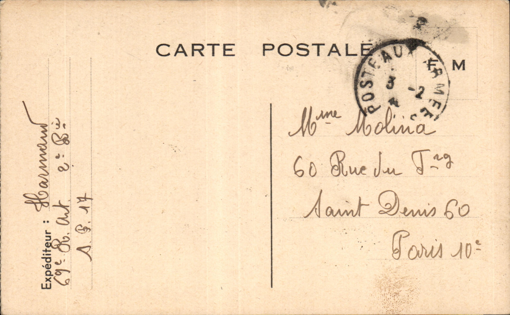 CPA Carte de Franchise Militaire Molina Paris 