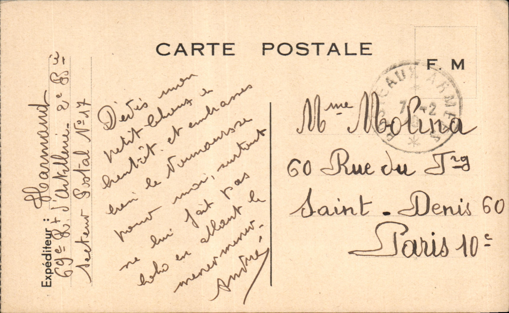 CPA Carte de Franchise Militaire Molina Paris 
