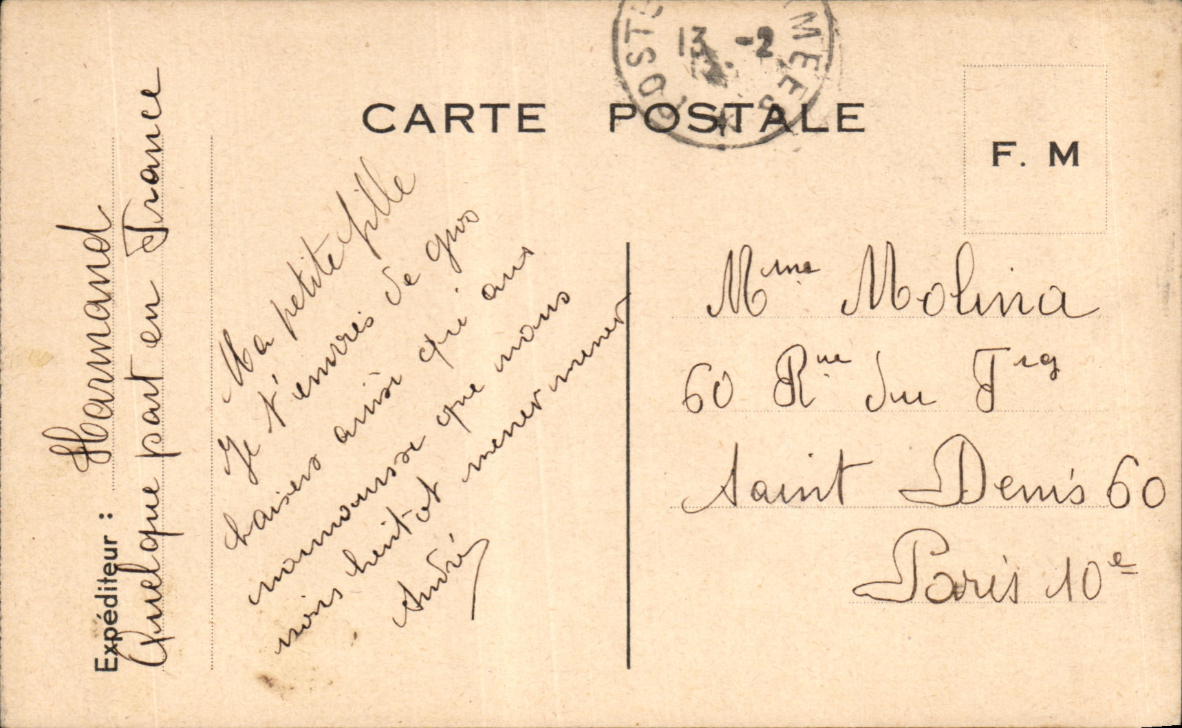 CPA Carte de Franchise Militaire Molina Paris 
