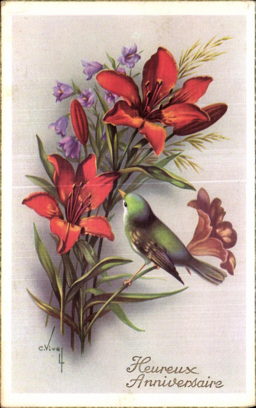 CPA Fleurs Heureux anniversaire Oiseau 