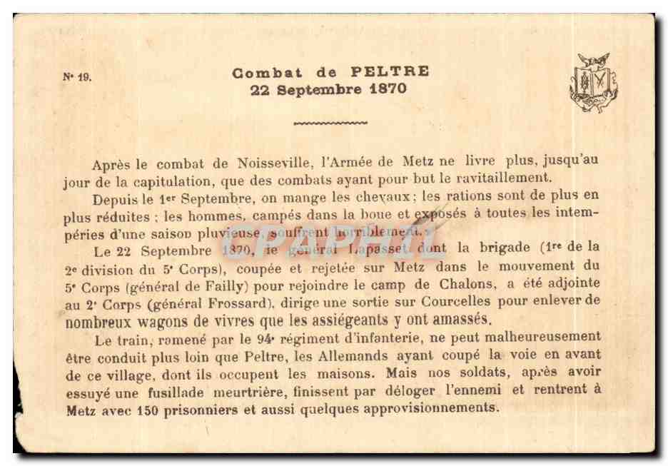 CPA Siege de Metz Combat de Peltre 1870 Sortie d une colonne de ravitaillementMilitaria Train  — Rückseite