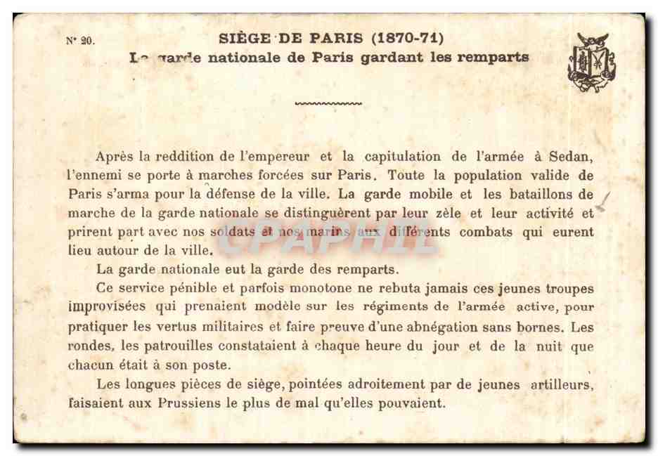 CPA Siege de Paris La Grande Nationale de Paris gardant les remparts Militaria  — Rückseite