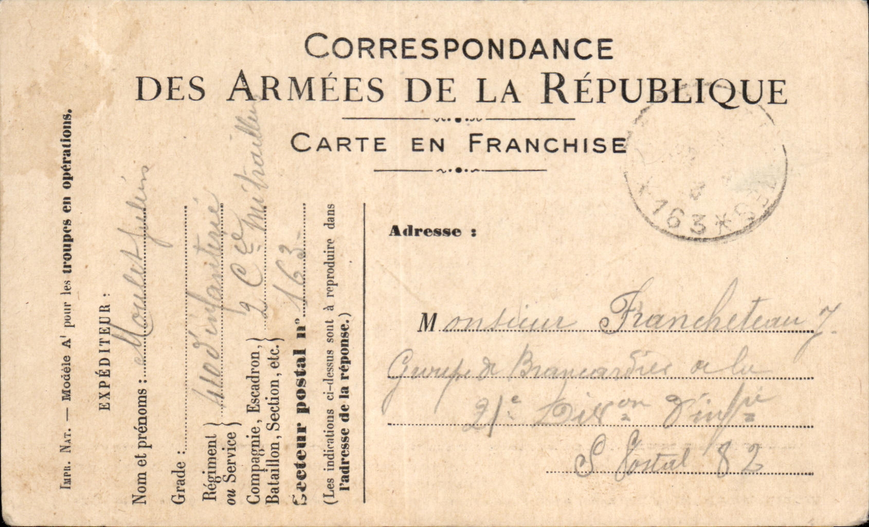 CPA Carte en Franchise Militaire Francheteau La Chapelle sur Indre