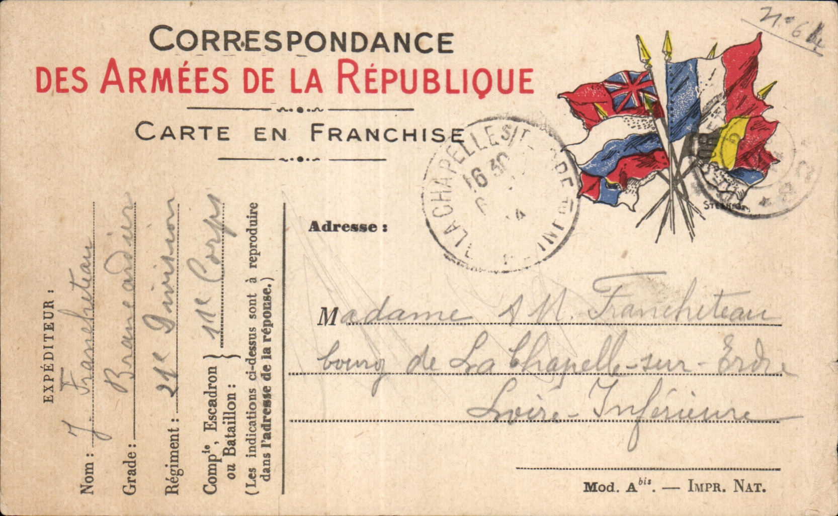 CPA Carte en Franchise Militaire Francheteau La Chapelle sur Indre