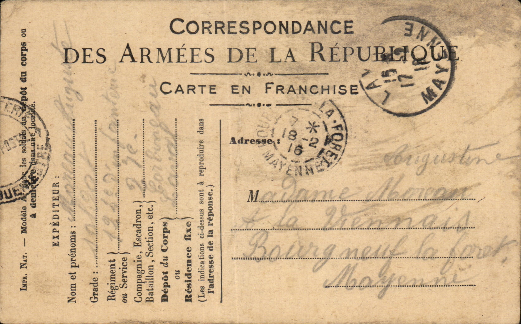 CPA Carte en Franchise Militaire Moreau Bourgneuf la foret