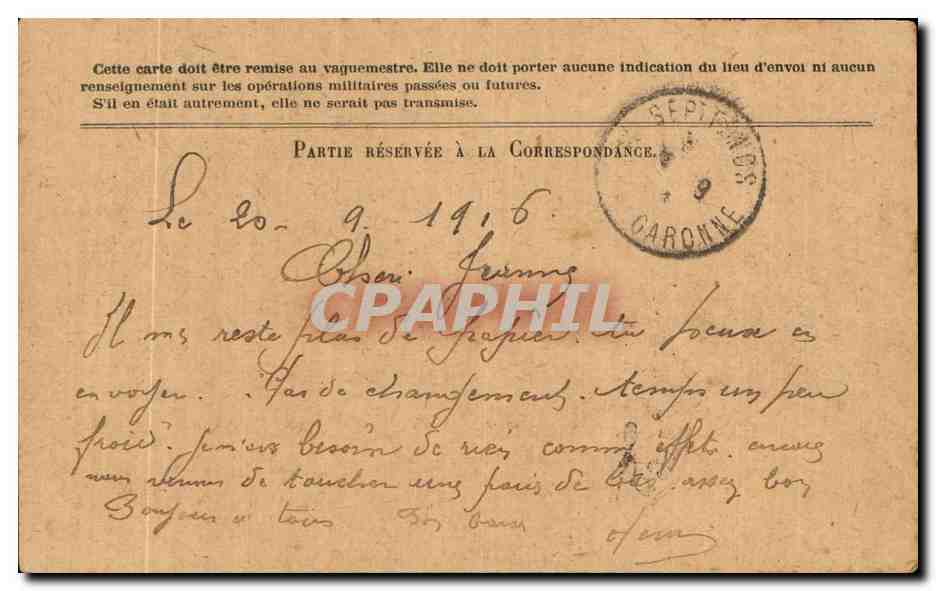 CPA Carte en Franchise Militaire Miguel Septfonds  — Rückseite