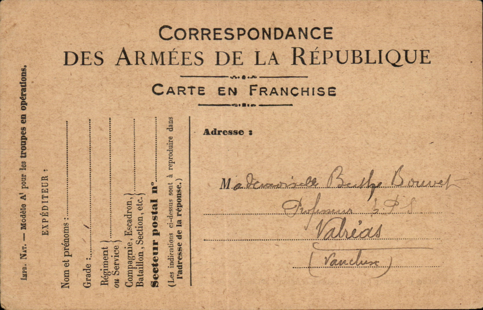 CPA Carte en Franchise Militaire Bouvet Valreas