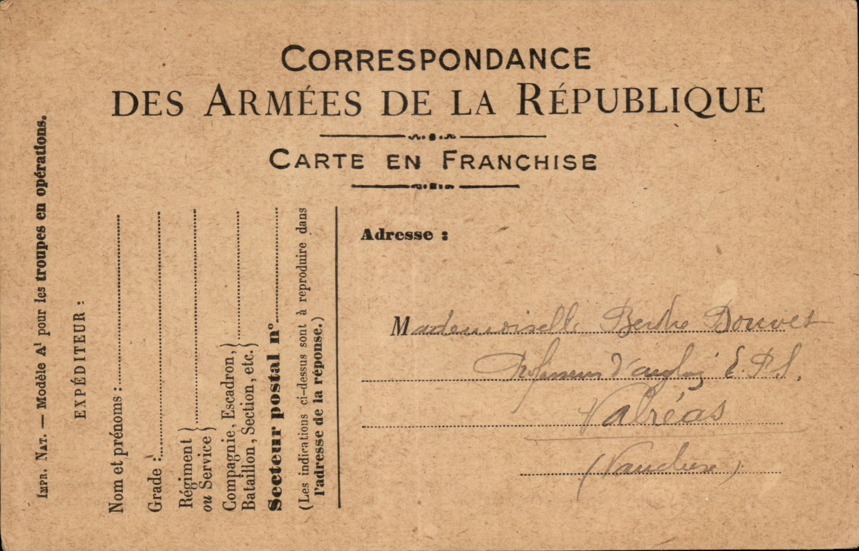 CPA Carte en Franchise Militaire Bouvet Valreas