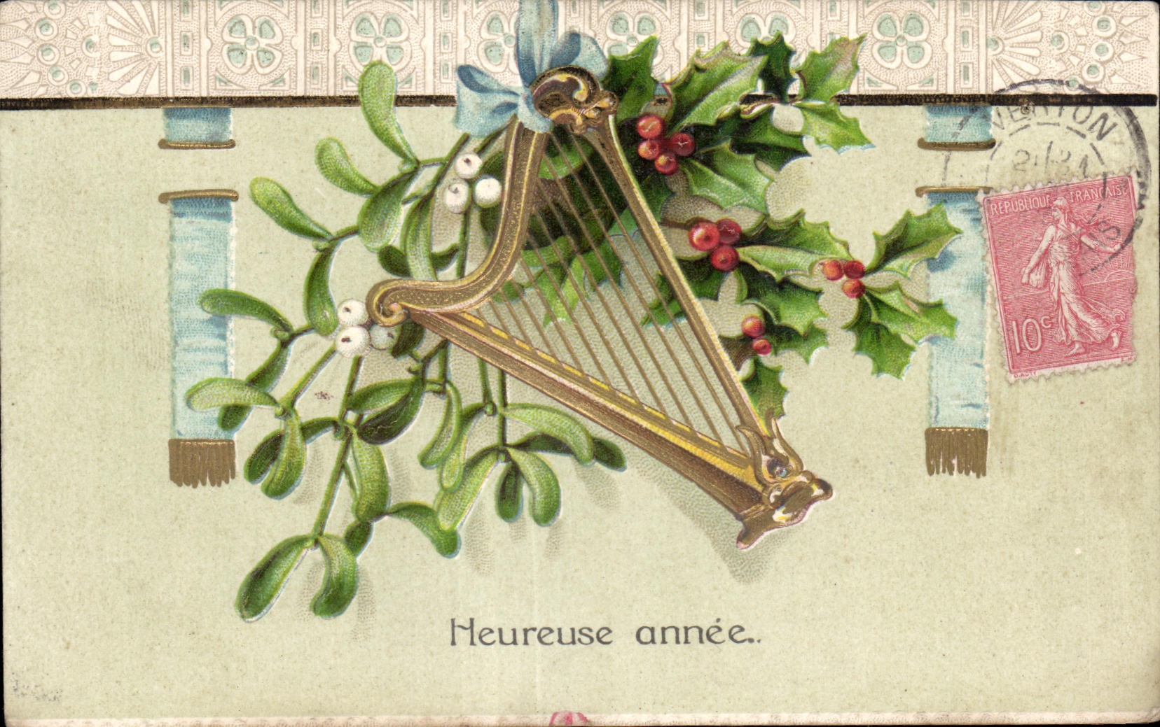 CPA Fantaisie Fleur Harpe 