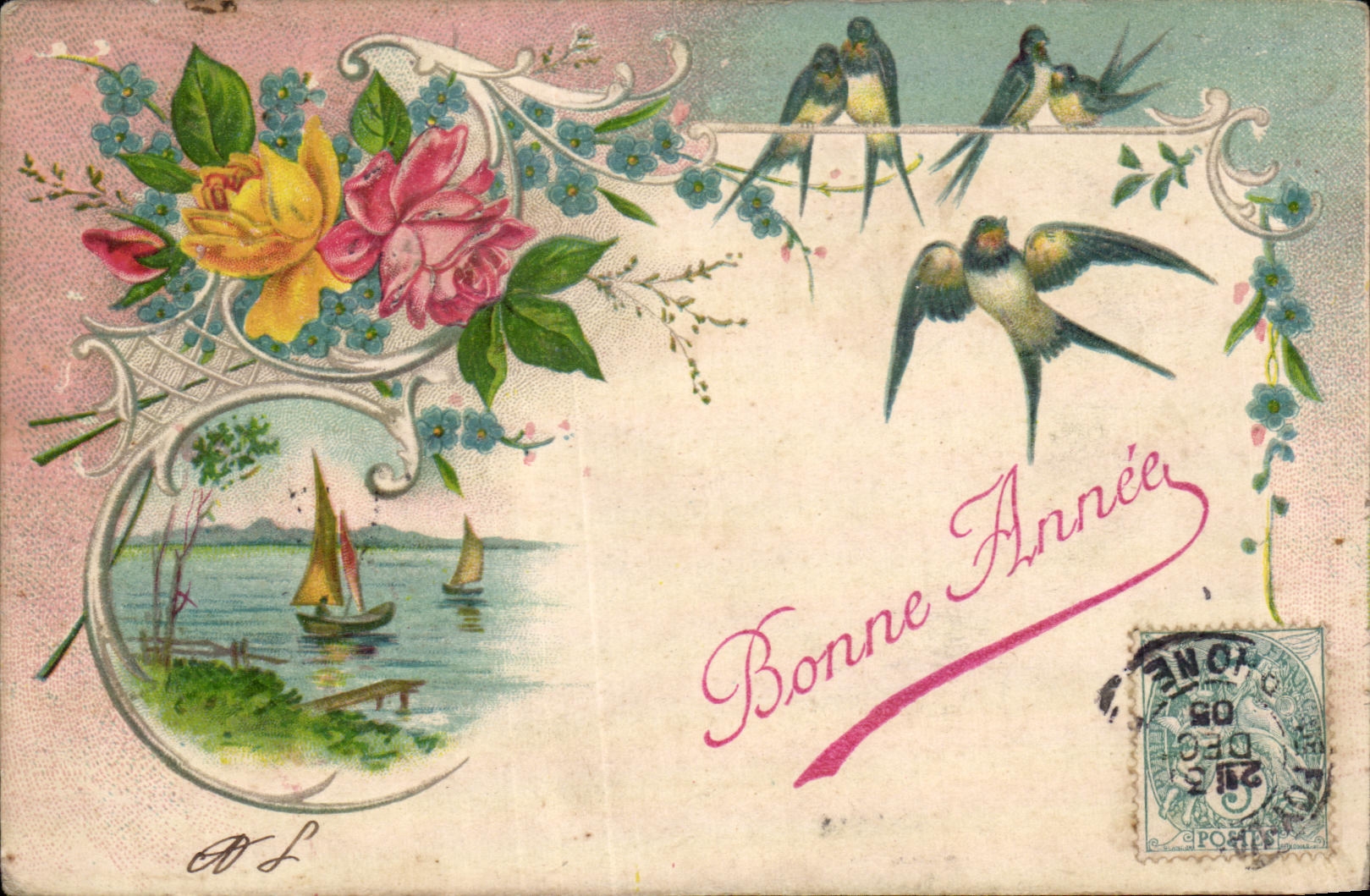 CPA Fantaisie Fleur Hirondelle